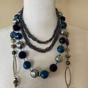 Bundle of 3 Vintage Shades of Blue Beaded Wrap Layering Necklaces.